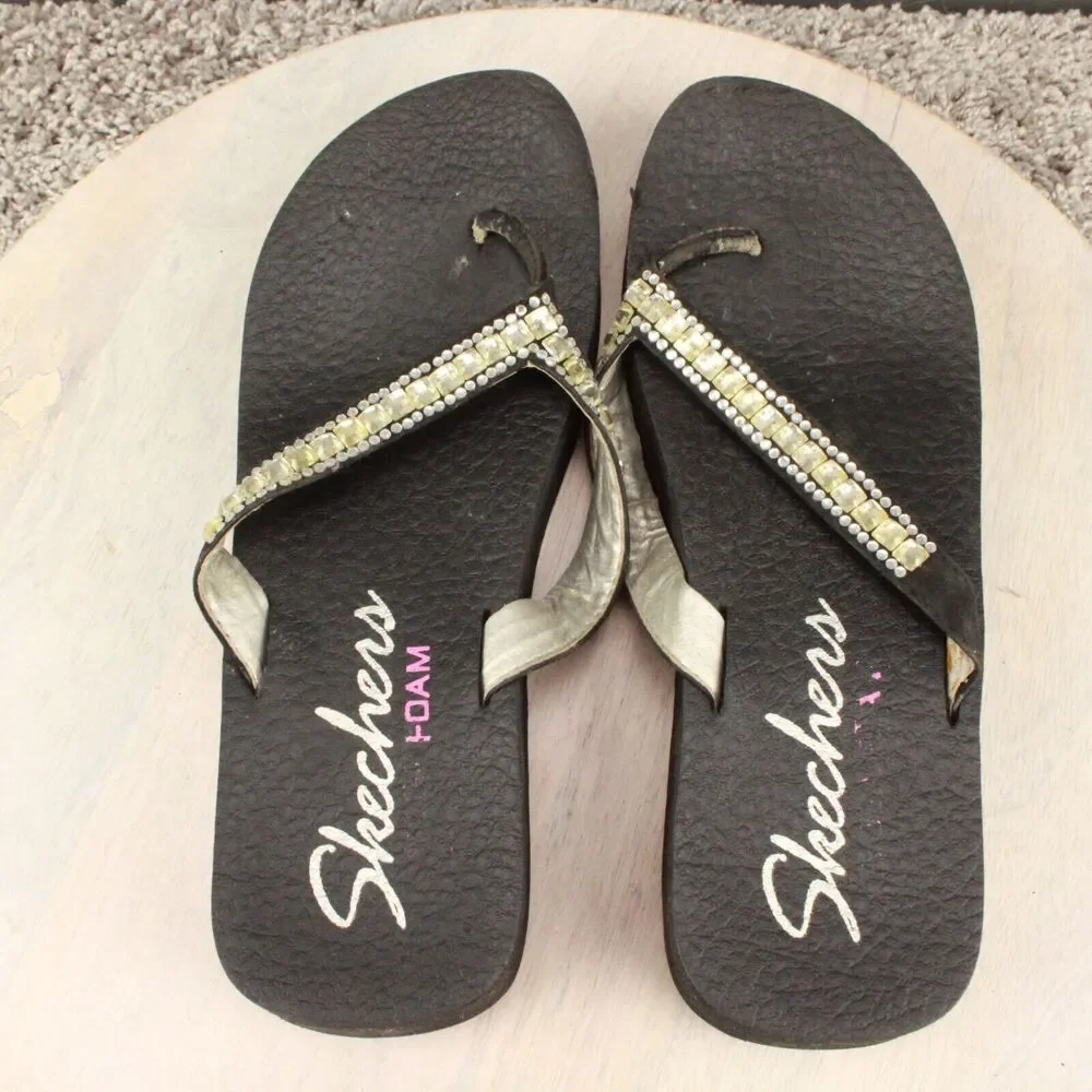Skechers Foam Rhinestone Flip Flops Womens 8 Black Casual Sandals - Picture 10 of 11